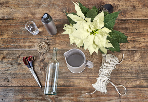 Un centro de Navidad con botellas y ponsettias 6 Un centro de Navidad con botellas y ponsettias